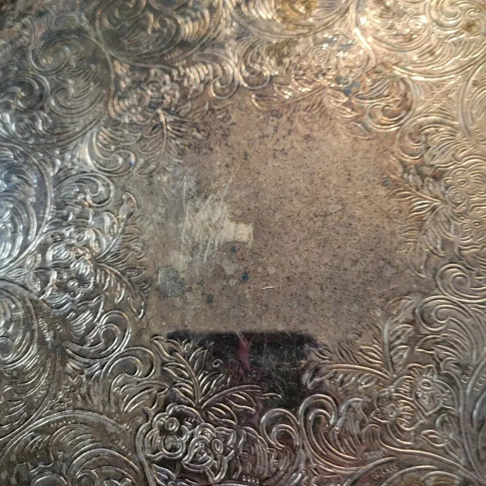 Vtg Silver Plated Serving Tray Ornate Edge Scroll Designs USA Cottagecore Patena